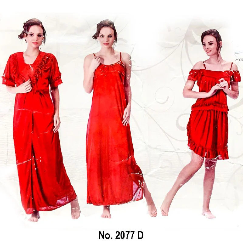 Designer 3 Pcs Nighty Set - SW-2077D - Satin Silk Nighty by Skin Wrap