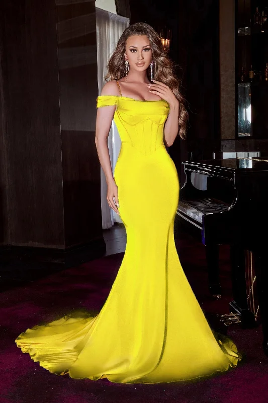 Portia & Scarlett PS23189 Yellow Silky Off The Shoulder Bustier Mermaid Formal Gown