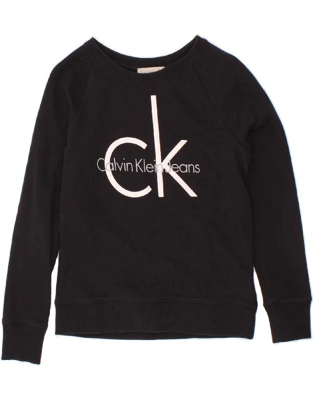 CALVIN KLEIN Womens Crop Graphic Sweatshirt Jumper UK 10 Small Black