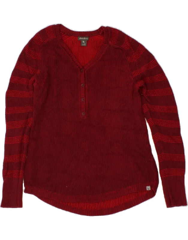 EDDIE BAUER Womens V-Neck Jumper Sweater UK 12 Medium Red Striped Cotton