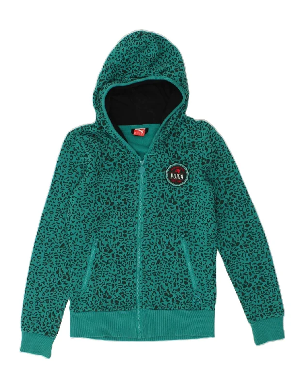 PUMA Womens Zip Hoodie Sweater UK 6 XS Green Animal Print Cotton