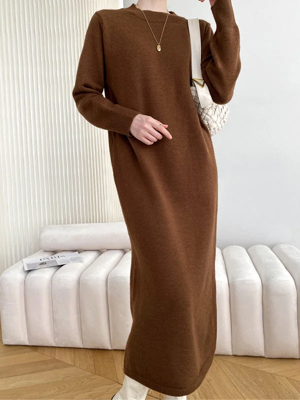 Urban Loose Long Sleeves Modern Solid Color Round-Neck Sweater Dresses