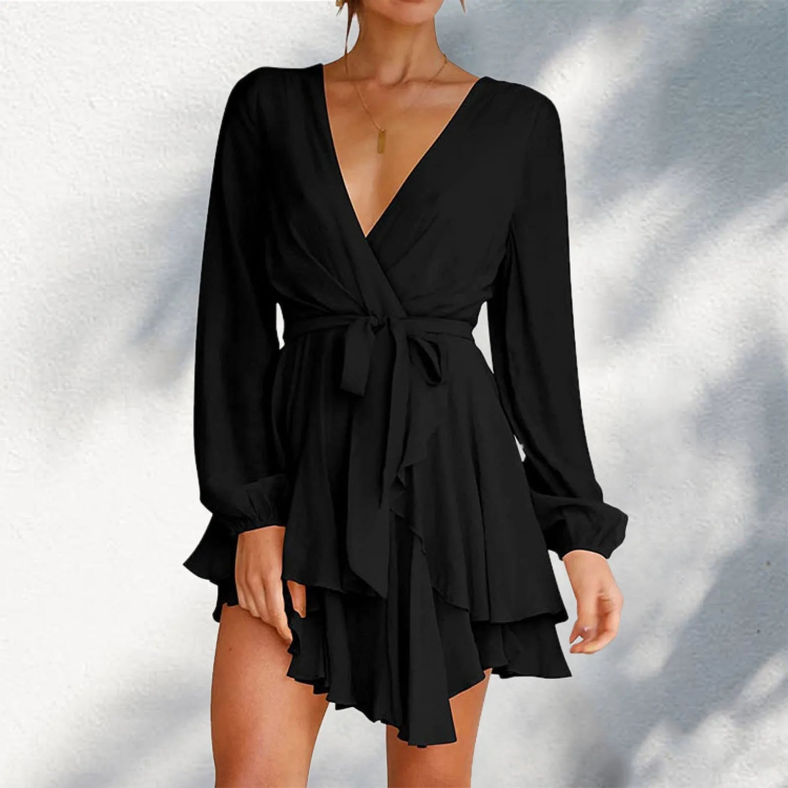 JuliaFashion - Deep V-Neck Full Sleeve Waist Tie Ruffle Swing Short Skater Party Solid Color Casual Summer Spring Mini Dress