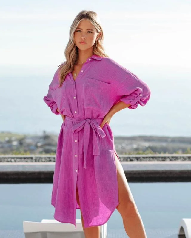 Office Chic Button Down Shirt Dress - Magenta