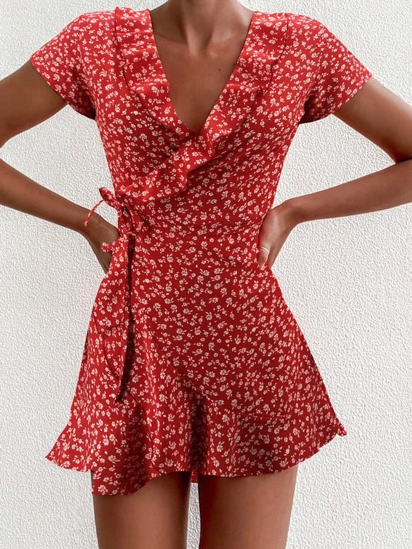 Floral V-Neck Ruffled Lace-Up Dress