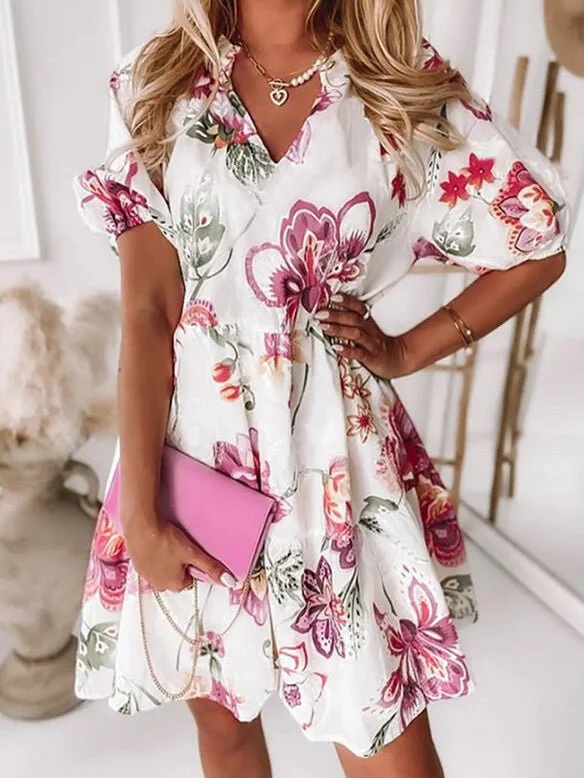 Floral V-Neck Short Sleeve Dress