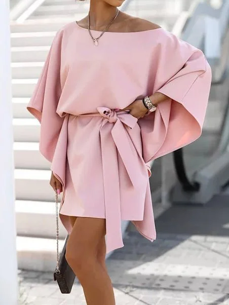 Loose Off-Shoulder Belted Doll Sleeve Dress