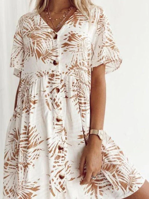 Loose Printed V-Neck Button Short Sleeve Dress