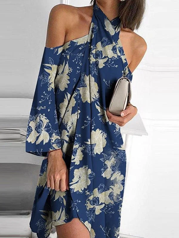 Printed Halter Off-Shoulder Irregular Dress