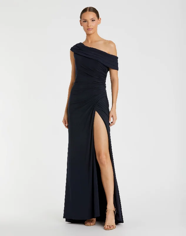 Foldover Off-the-Shoulder Slit Gown