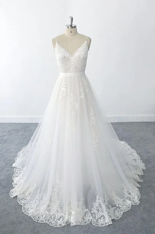 Amazing Long A-line V-neck Ruffle Appliques Tulle Wedding Dress