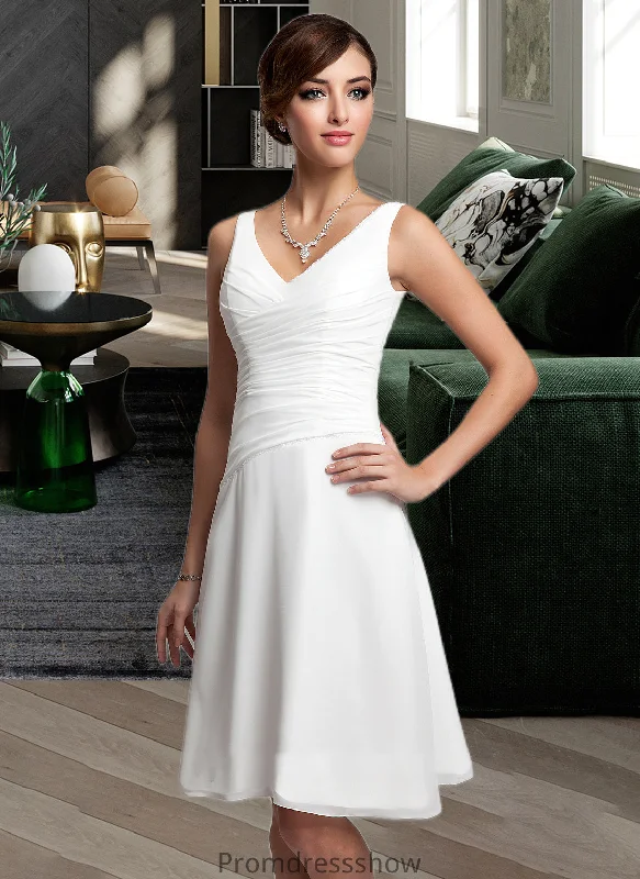 Anastasia A-Line V-neck Knee-Length Chiffon Wedding Dress With Ruffle Beading Sequins STKP0013752