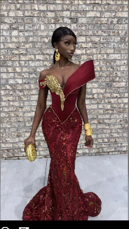 Burgundy African mermaid wedding dress, engagement dress, mermaid prom dress Y6520