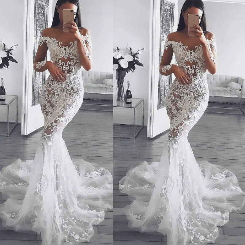 mermaid lace appliqué wedding dresses for bride 2020 beaded boho long sleeve bridal dress wedding gown