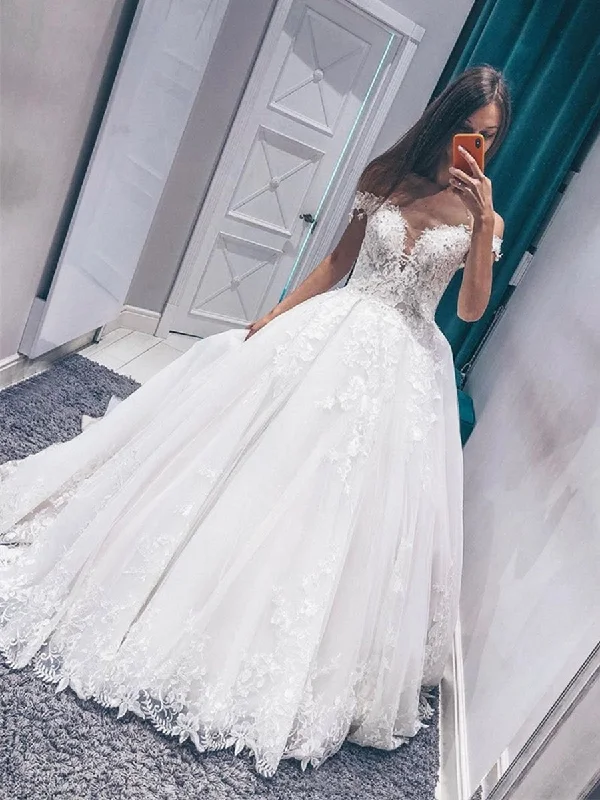 Off Shoulder White Lace Appliques Long Wedding Dresses, Off the Shoulder White Lace Prom Dresses, White Formal Evening Dresses