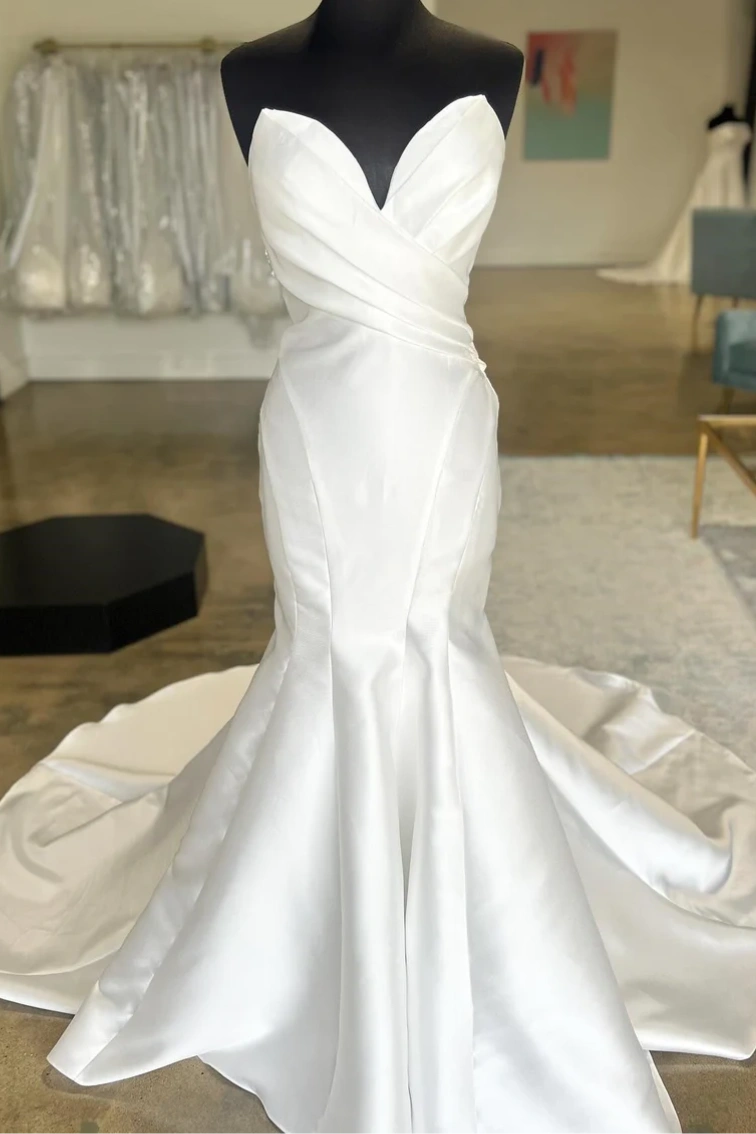 Strapless Pleated Satin Mermaid Wedding Dress