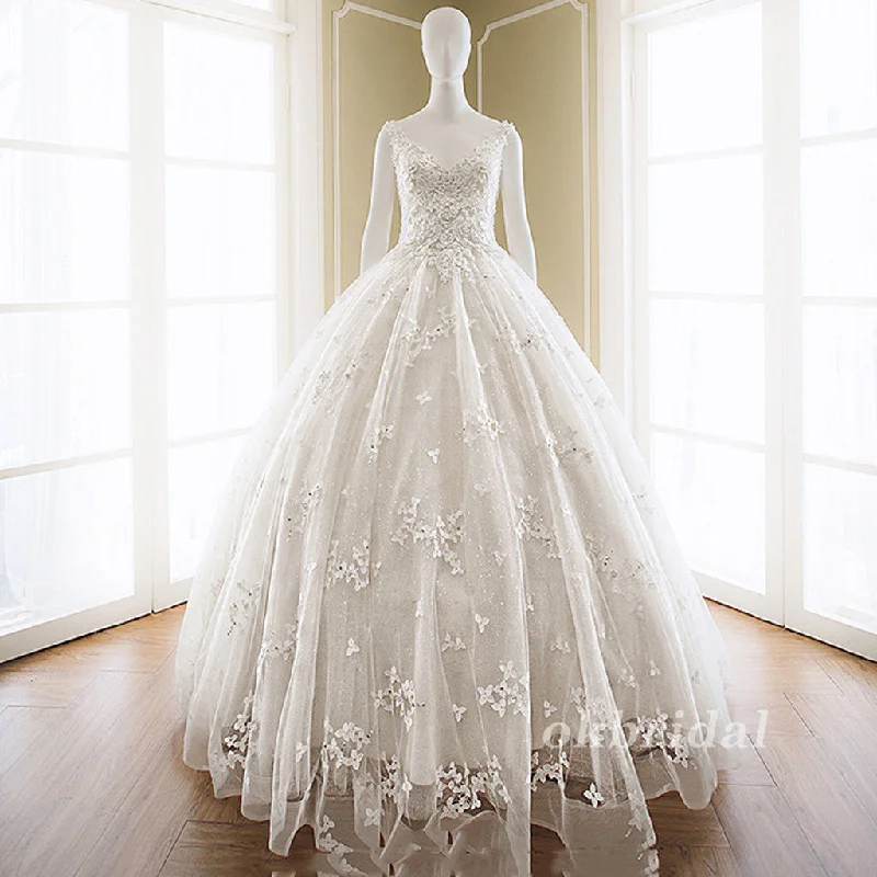 V-Neck Lace Wedding Dress, Tulle Vintage Wedding Dress, Floor-Length Applique Wedding Dress, LB0909