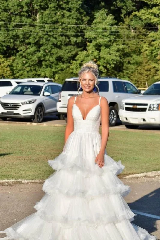 White Straps Pleated Tiered Tulle Long Formal Dress