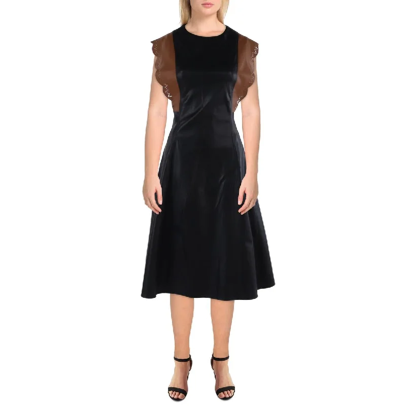 Womens Faux Leather Colorblock Midi Dress