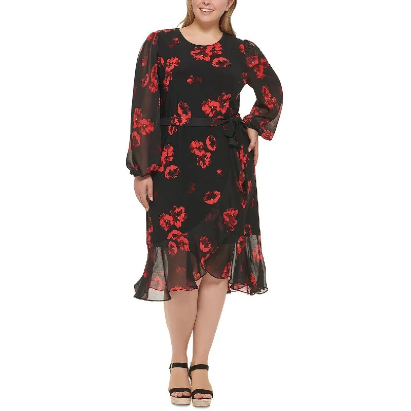 Plus Womens Knee-Length Floral Print Midi Dress