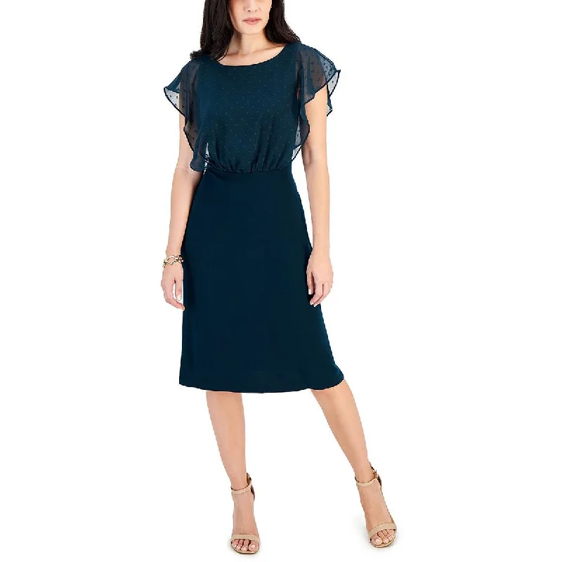 Petites Womens Below Knee Flutter Sleeve Midi Dress