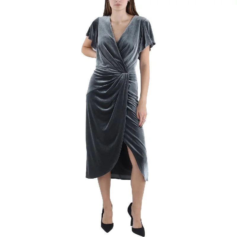 Womens Velvet Flutter Sleeve Midi Dress