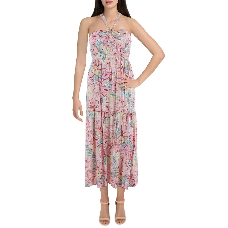 Womens Smocked Floral Midi Dress