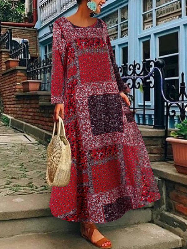 Bohemian Print Cotton Long Sleeve Vintage Women Maxi Dress