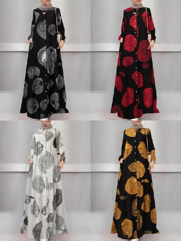 Bohemian Print O-neck Long Sleeve Buttons Kaftan Retro Shirt Pocket Women Maxi Dress