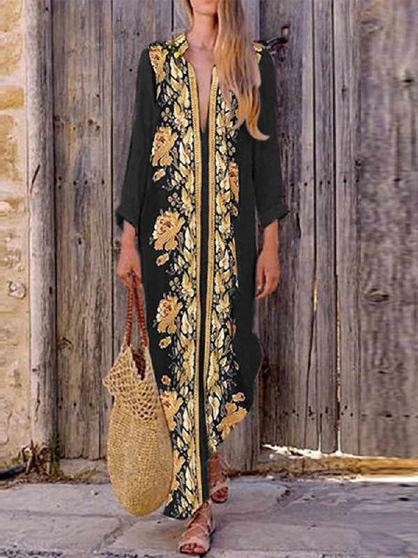 Bohemian V Neck Floral Print Beach Holiday Split Women Maxi Dress