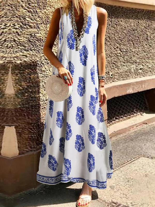 Bohemian V Neck Floral Print Sleeveless Women Maxi Dress