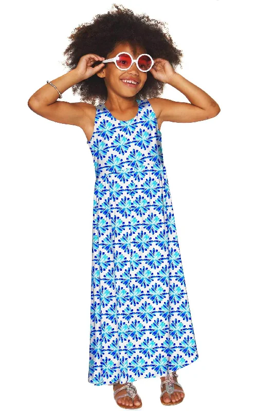 Charisma Bella White & Blue Summer Empire Waist Maxi Dress - Girls