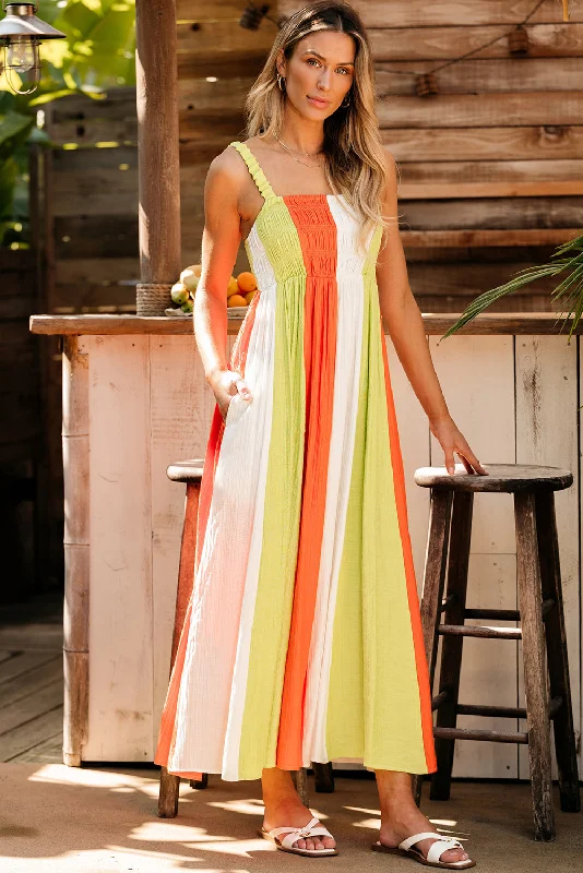 Color Block Shirred High Waist Fit and Flare Maxi Dress