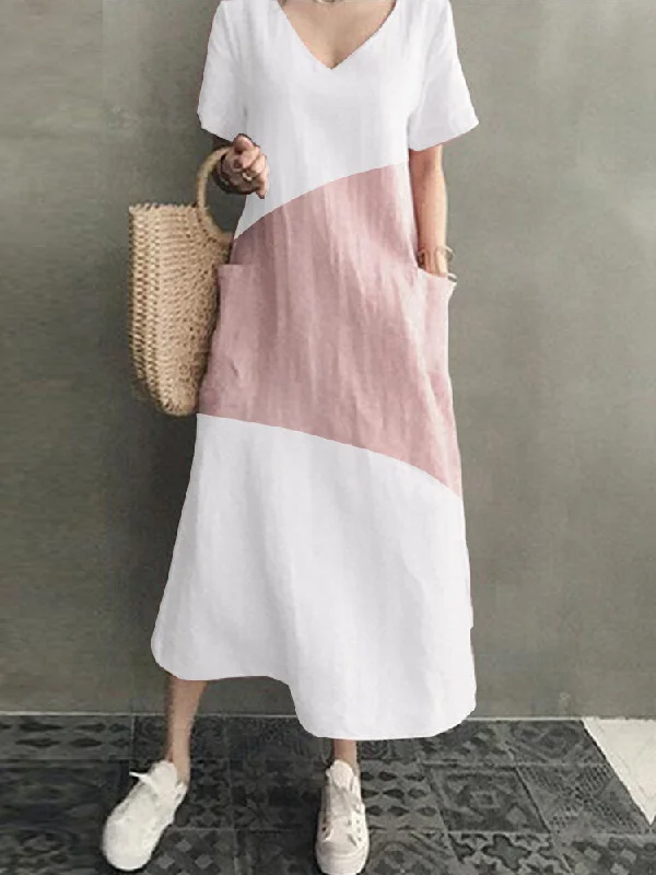 Cotton V-neck Short Sleeve Color Patchwork Pocket Loose Casual Women Maxi Dress