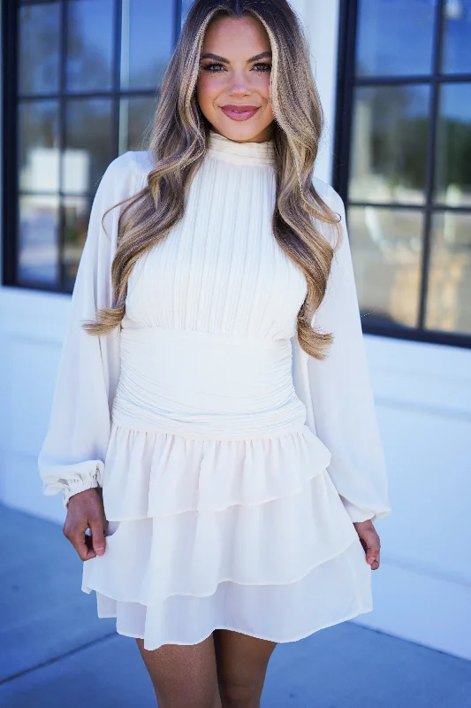 Marcia Long Sleeve Pleated Dress - Cream - FINAL SALE