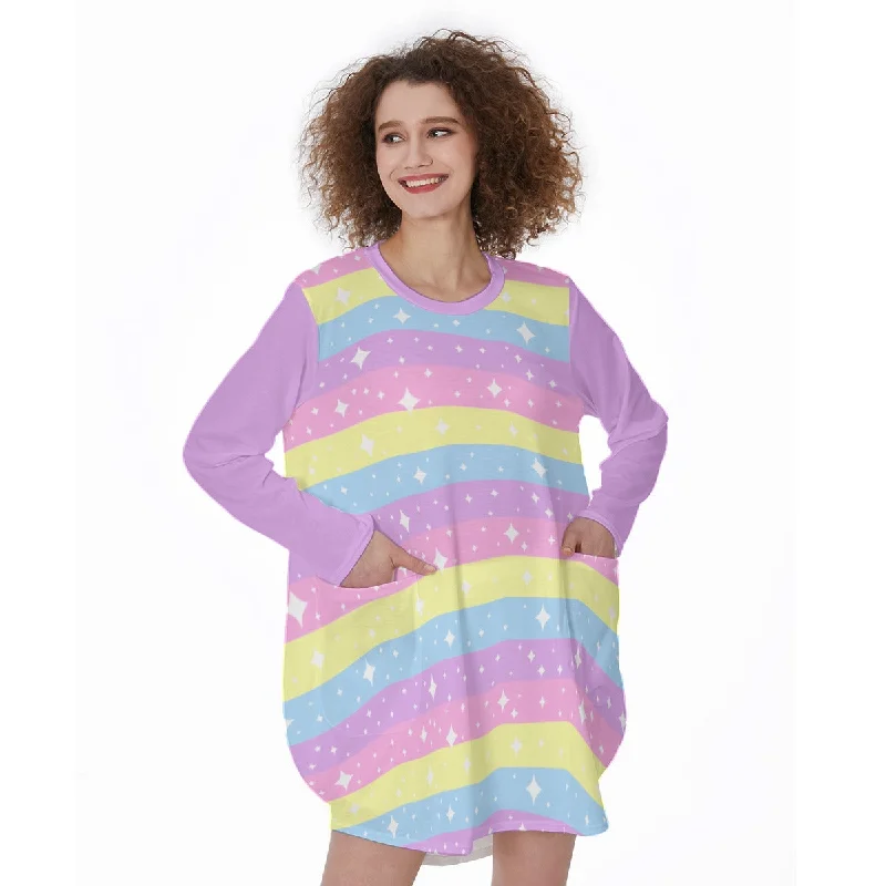 Rainbow Ribbon Long Sleeve Dress With Pockets