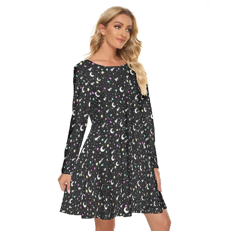 Starry Glitter Black Women's Long Sleeve Crew Neck Dress