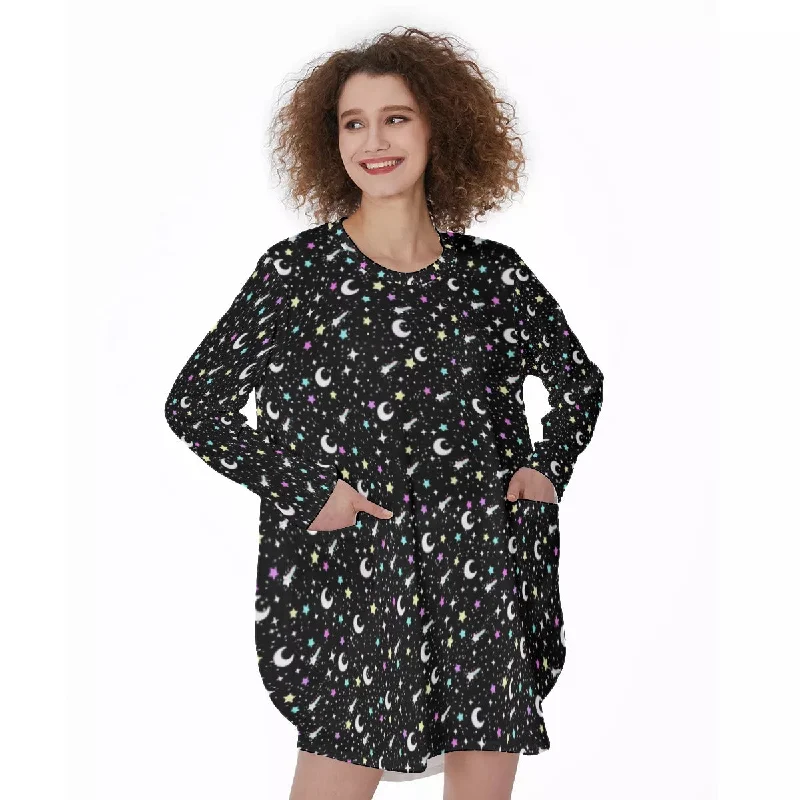 Starry Glitter Black Long Sleeve Dress With Pockets