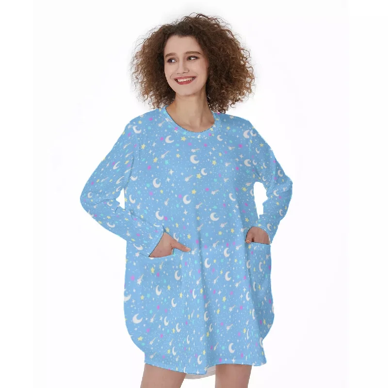 Starry Glitter Blue Long Sleeve Dress With Pockets