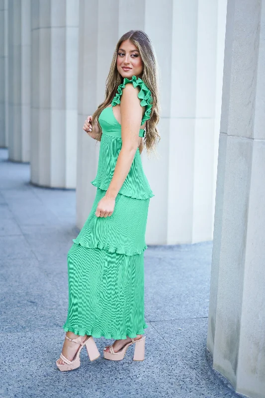 Tabi Pleated Scoop Back Maxi Dress - Green - FINAL SALE