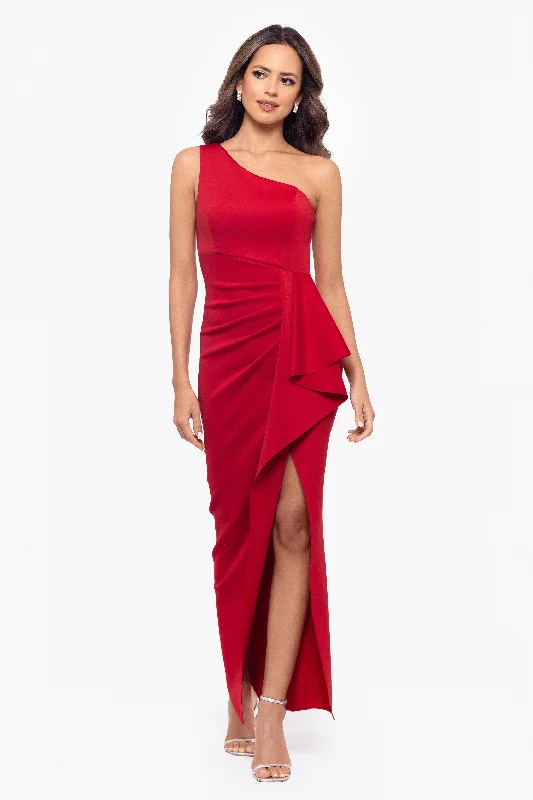 "Tana" Long Scuba One Shoulder Ruffle Floor Length Dress