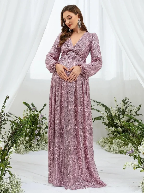 Maternity Ruched Bust Lantern Sleeve Sequin Party Dress