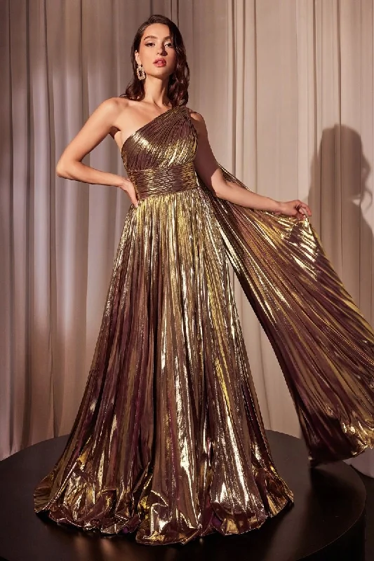 One Shoulder Metallic Pleated A-Line Gown by Cinderella Divine J874 - Special Occasion