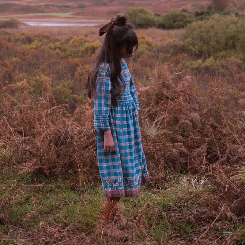 AVA DRESS, AZURE PLAID WITH EMBROIDERY