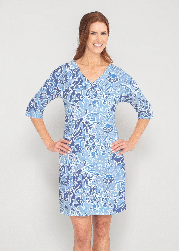 Fusion Blue (2895) ~ Drop Shoulder 3/4 Sleeve V-Neck Dress