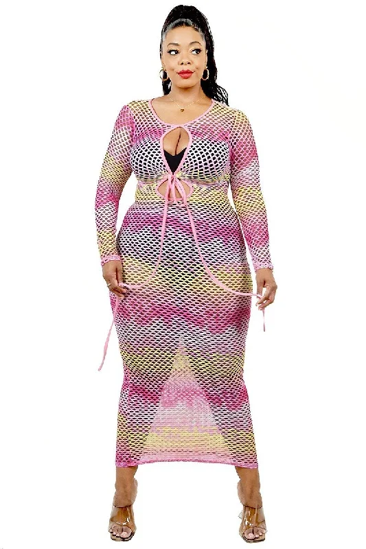 Plus Mauve Gradient Tie Front Fishnet Cover Up Dress