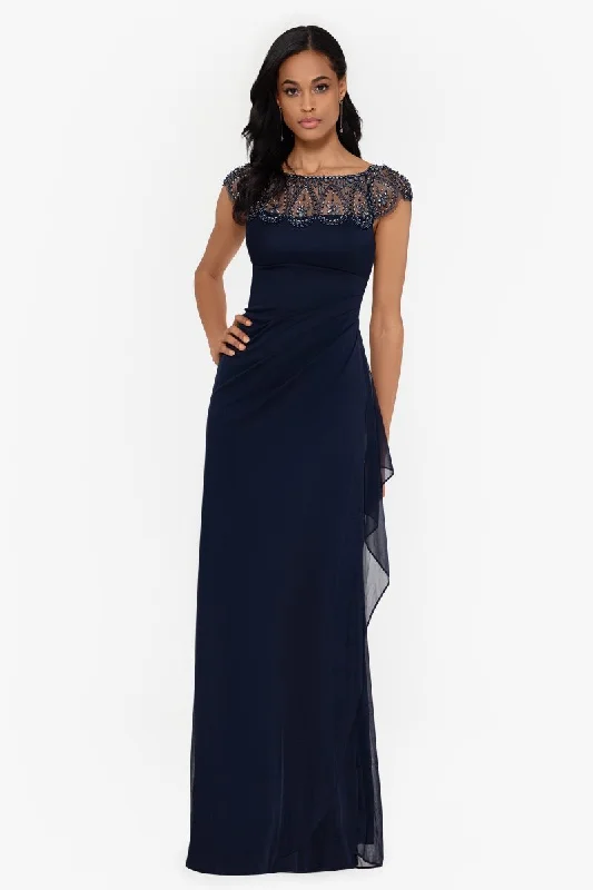 "Paisley" Jersey Knit Beaded Mesh Gown