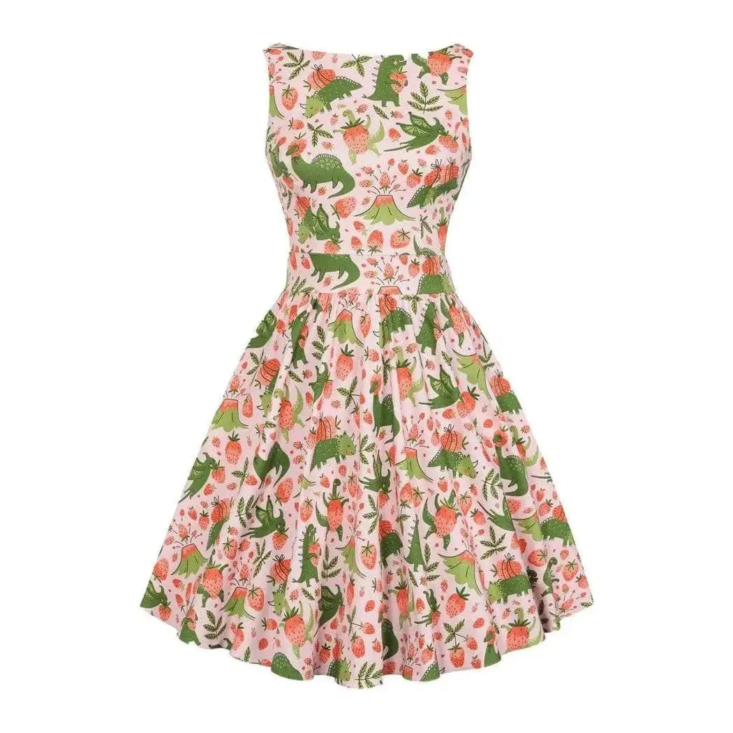 Tea Dress - Strawberry Dino on Pink