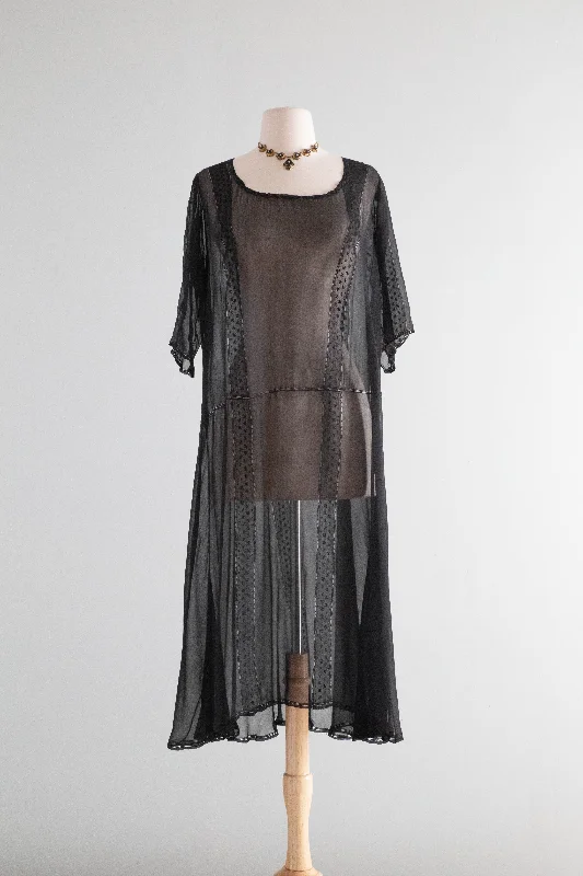 Antique 1920's Sheer Black Silk Chiffon Dress / ML