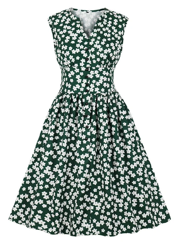 1950s Vintage Dress Women's Floral Print V Neck Sleeveless Swing Tea Dress